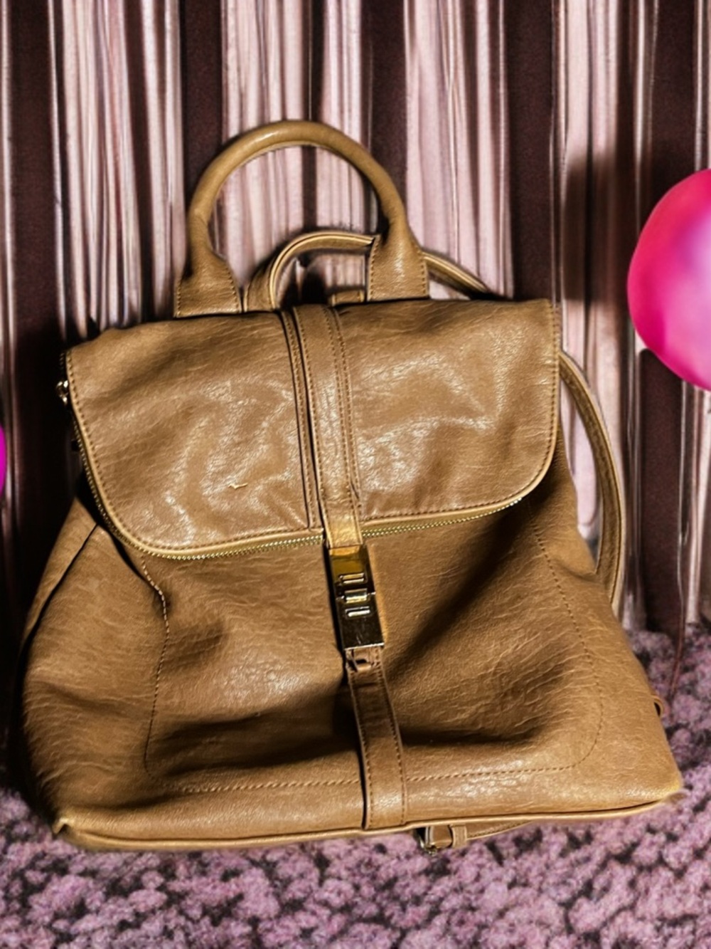 Miztique Tan Leather Backpack with Top Handle